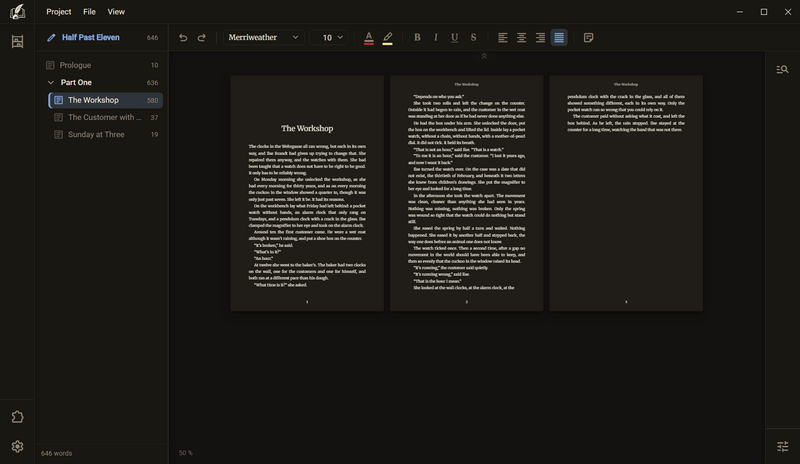 Three sheets of the chapter The Workshop side by side, 50 % at the bottom left, dark colour scheme