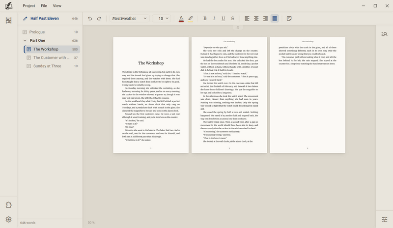 Three sheets of the chapter The Workshop side by side, 50 % at the bottom left