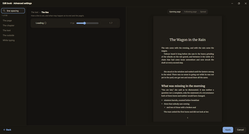 Advanced settings with the search term line spacing in the search field, below it 1 of 80 and as the hit the card The text, The line with the setting Leading, dark colour scheme