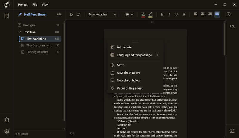 The sheet in the middle of the desk with the menu Add a note, Language of this passage, Move, New sheet above, New sheet below and Paper of this sheet, dark colour scheme
