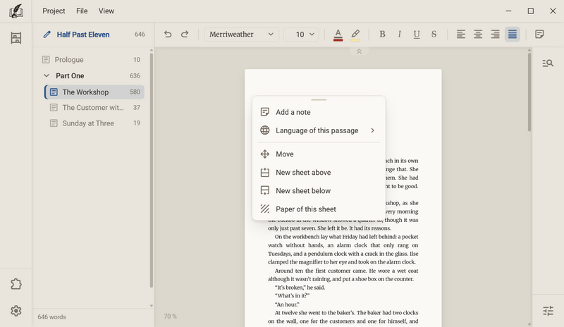 The sheet in the middle of the desk with the menu Add a note, Language of this passage, Move, New sheet above, New sheet below and Paper of this sheet