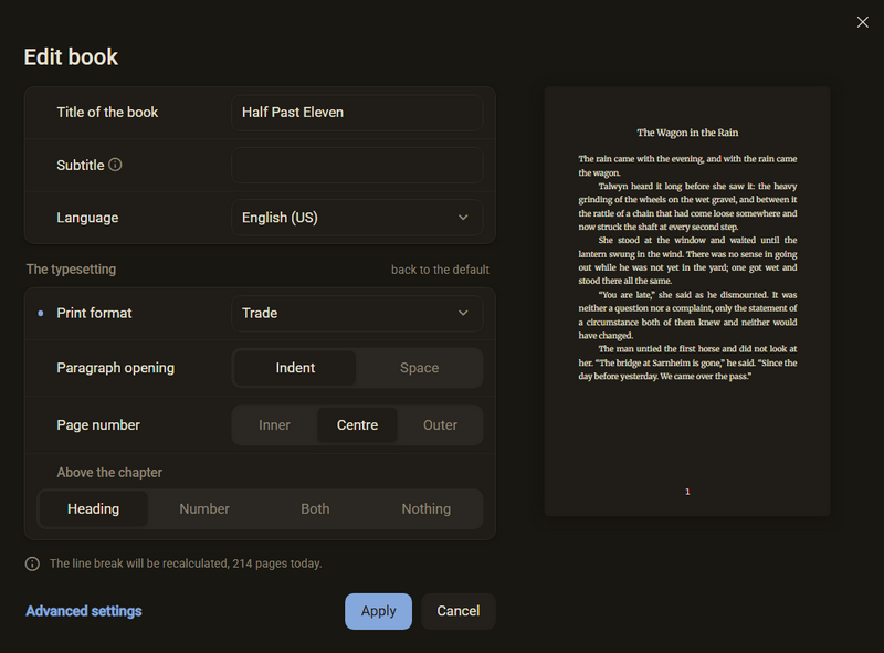 The Edit book dialog with the print format Trade and the notice The line break will be recalculated, 214 pages today, dark colour scheme