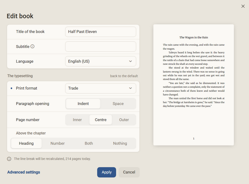 The Edit book dialog with the print format Trade and the notice The line break will be recalculated, 214 pages today