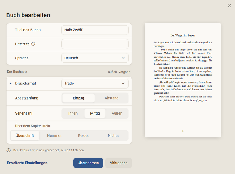 Der Dialog Buch bearbeiten mit dem Druckformat Trade und dem Hinweis Der Umbruch wird neu gerechnet, heute 214 Seiten