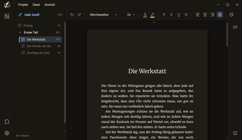Das Blatt mit dem Kapitel Die Werkstatt: die Überschrift und die ersten Absätze im Blocksatz, links der Kapitelbaum, oben die Werkzeugleiste, dunkles Farbschema