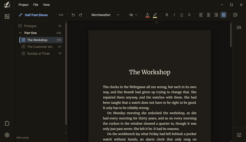 The sheet with the chapter The Workshop: the heading and the first paragraphs in justified text, the chapter tree on the left, the toolbar at the top, dark colour scheme