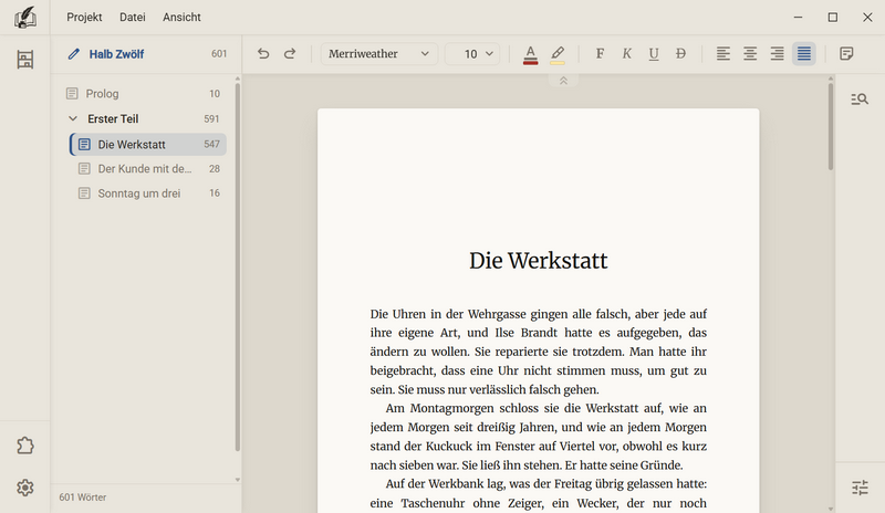 Das Blatt mit dem Kapitel Die Werkstatt: die Überschrift und die ersten Absätze im Blocksatz, links der Kapitelbaum, oben die Werkzeugleiste