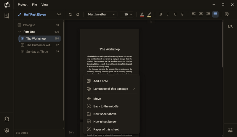 The sheet far to the left on the desk, the menu additionally with the entry Back to the middle, dark colour scheme