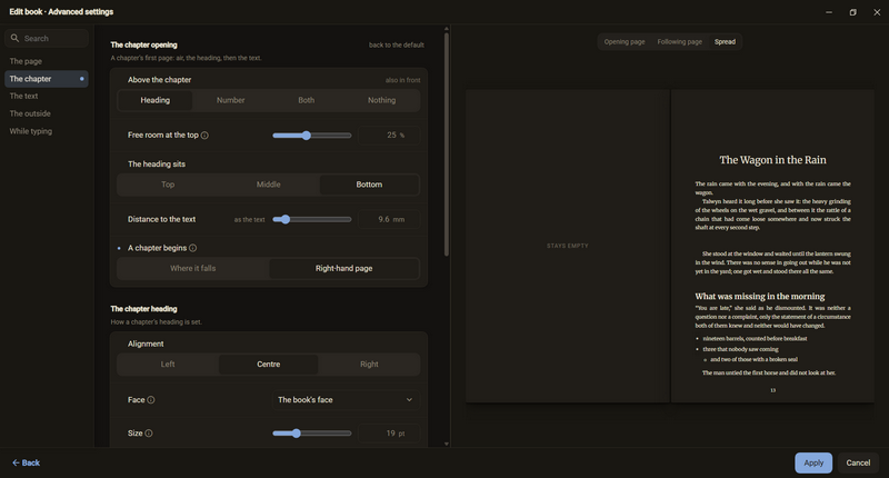 Advanced settings in the area The chapter with the setting A chapter begins on Right-hand page, on the right the double page with an empty left page that says stays empty, dark colour scheme