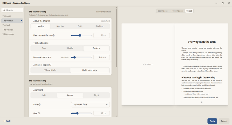 Advanced settings in the area The chapter with the setting A chapter begins on Right-hand page, on the right the double page with an empty left page that says stays empty